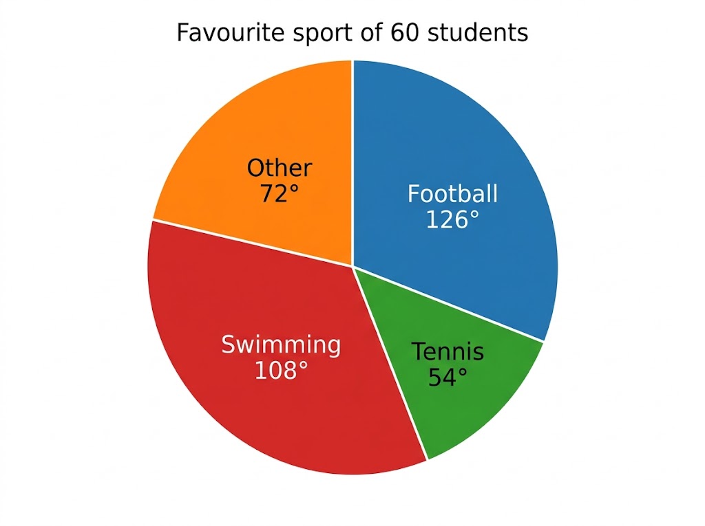 A pie chart of favourite sports: Football 126 degrees, Tennis 54, Swimming 108, Other 72.