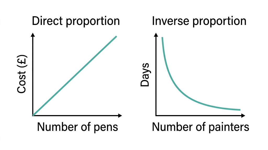A straight line through the origin for direct proportion, and a falling curve for inverse proportion.