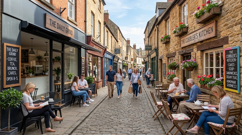 Two cafés facing each other across a narrow street, each with outdoor tables and customers.