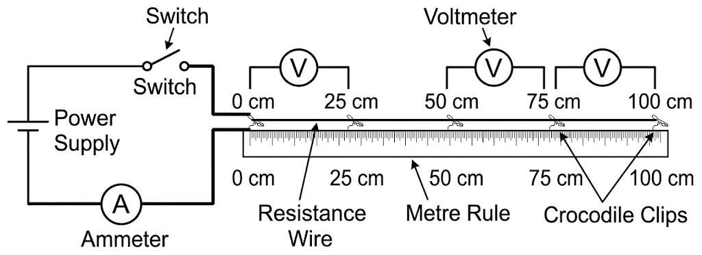 A circuit with a cell, switch and ammeter in series with a wire on a metre rule, and a voltmeter across the length of wire being tested.