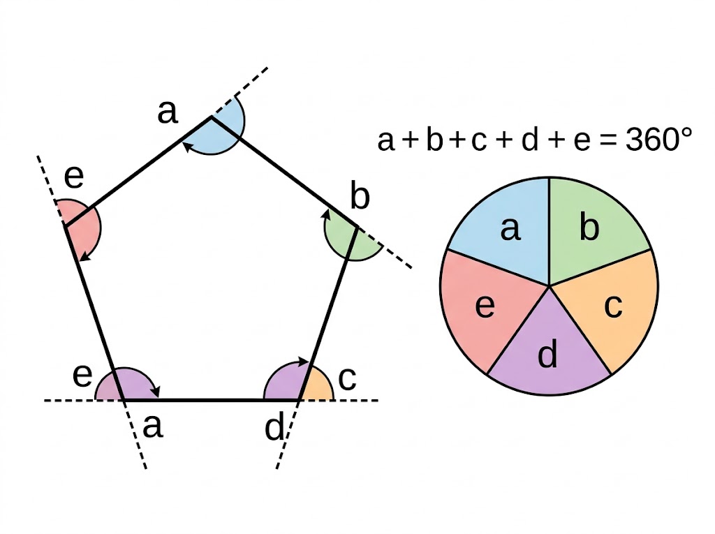 A pentagon with each side extended to show its five exterior angles, which fit together around a point to make 360 degrees.