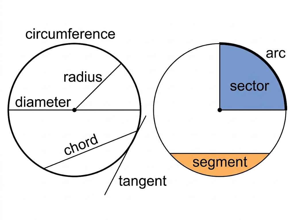 Two circles labelling the radius, diameter, circumference, chord and tangent, and a sector, arc and segment.