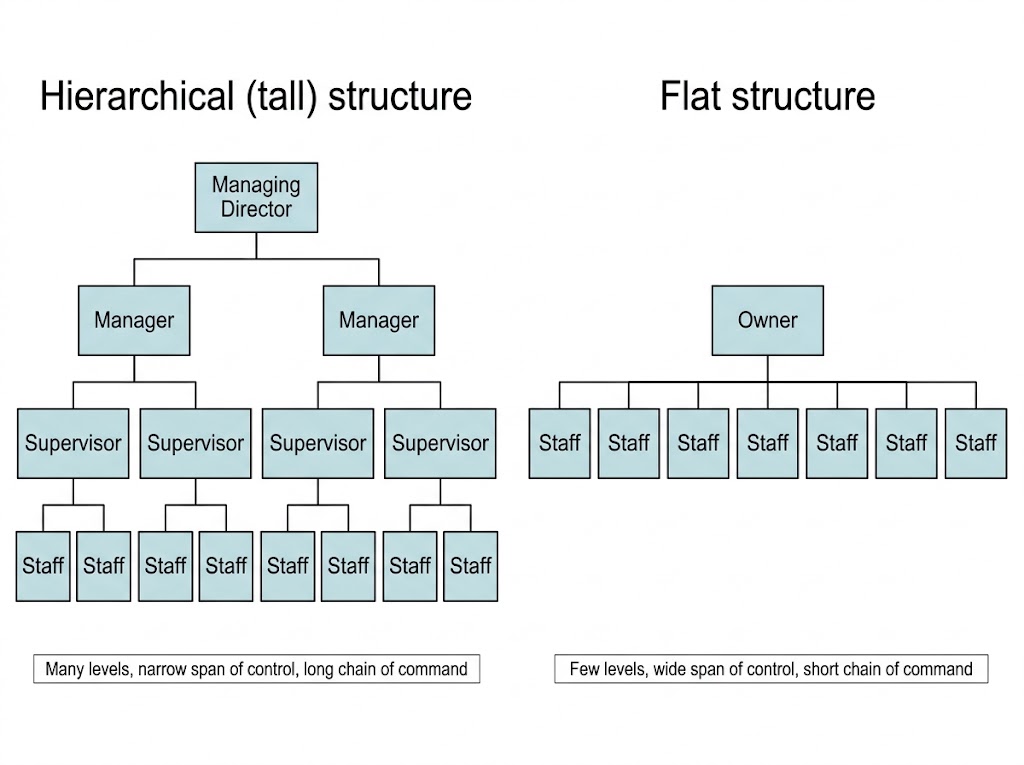 A tall organisation chart with four levels beside a flat chart where one owner manages seven staff directly.