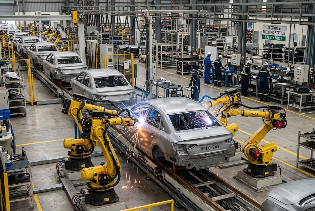 Flow production: identical cars, non-stop.