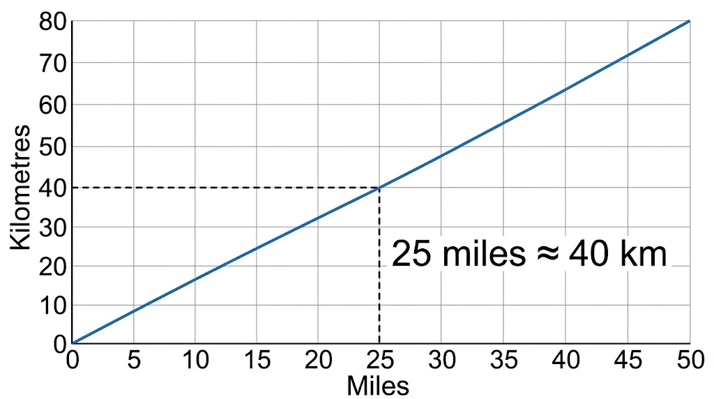 A straight-line conversion graph from miles to kilometres through the origin, with dashed lines showing 25 miles is about 40 km.