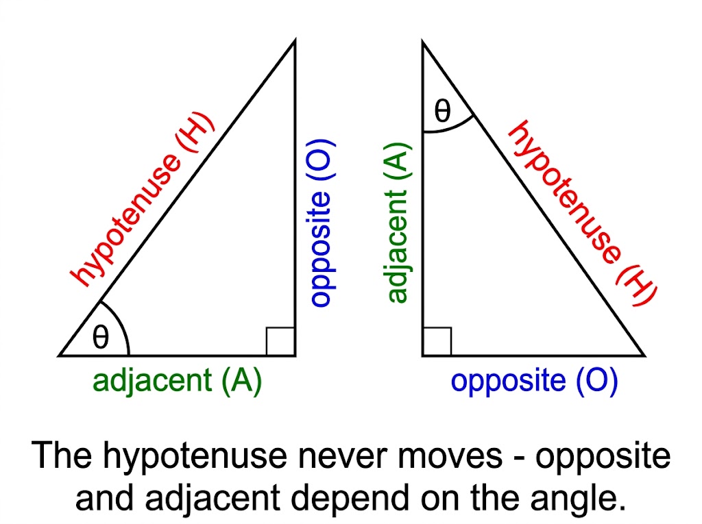 Two identical right-angled triangles with the angle marked in different corners, showing how the opposite and adjacent labels swap while the hypotenuse stays the same.