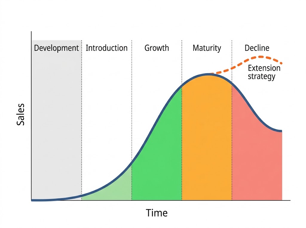 A product life cycle curve through development, introduction, growth, maturity and decline, with a dashed line showing an extension strategy lifting sales.
