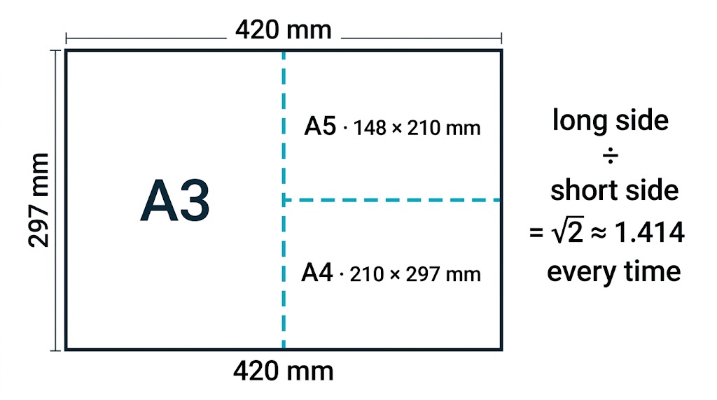 An A3 rectangle folded in half into A4, and A4 folded in half into A5.