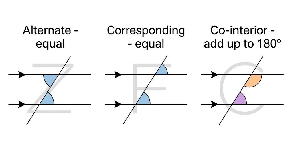 Three diagrams of parallel lines crossed by a transversal, showing alternate angles in a Z, corresponding angles in an F and co-interior angles in a C.
