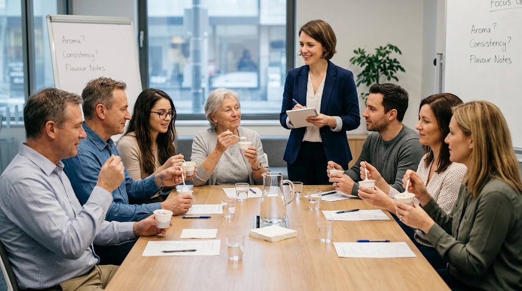A small group of people around a table discussing a product with a researcher.