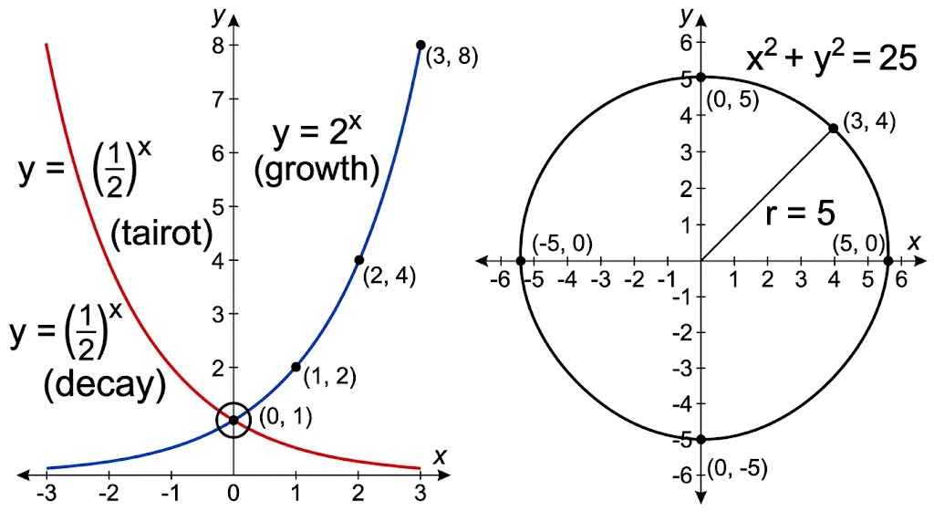 Left, exponential growth and decay curves crossing at (0, 1); right, a circle of radius 5 centred at the origin.