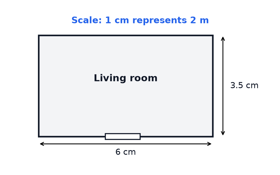 A floor plan of a living room measuring 6 cm by 3.5 cm on the drawing, drawn to a scale of 1 cm to 2 m.