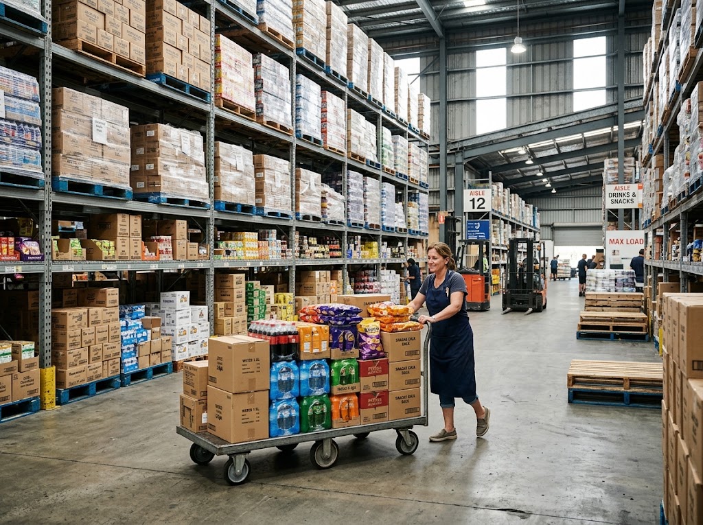 A shop owner pushing a trolley of boxed stock through a large wholesale warehouse.