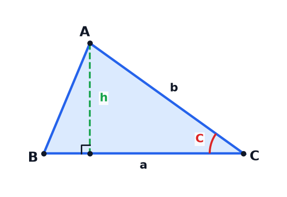 A triangle with the sides a and b and the angle C between them, with the perpendicular height h shown as a dashed line.