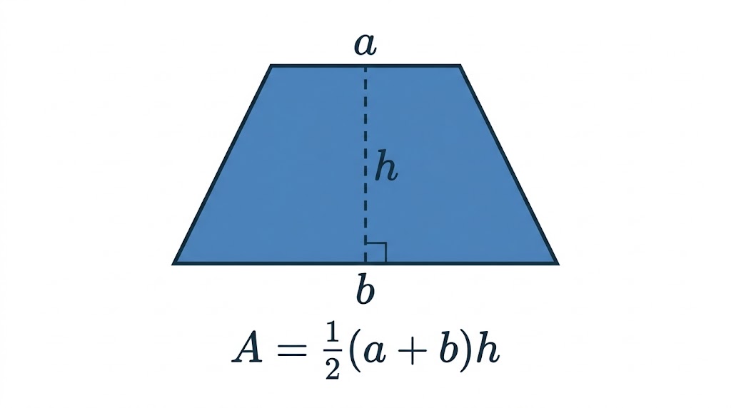 A trapezium with parallel sides a and b and perpendicular height h, and its area formula.