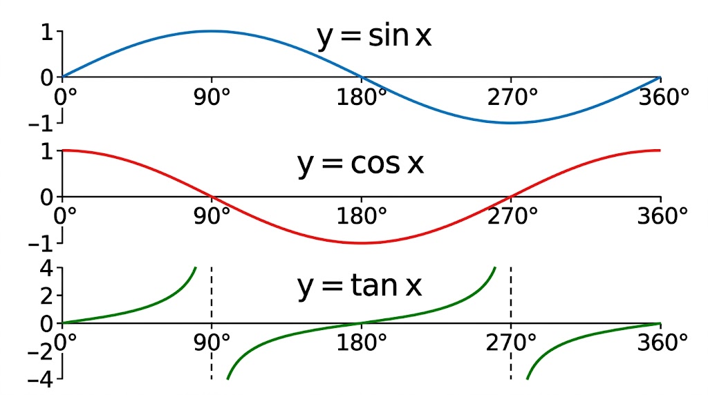 The graphs of sine, cosine and tangent from 0 to 360 degrees; sine and cosine are waves between −1 and 1, and tangent repeats every 180 degrees with asymptotes at 90 and 270 degrees.