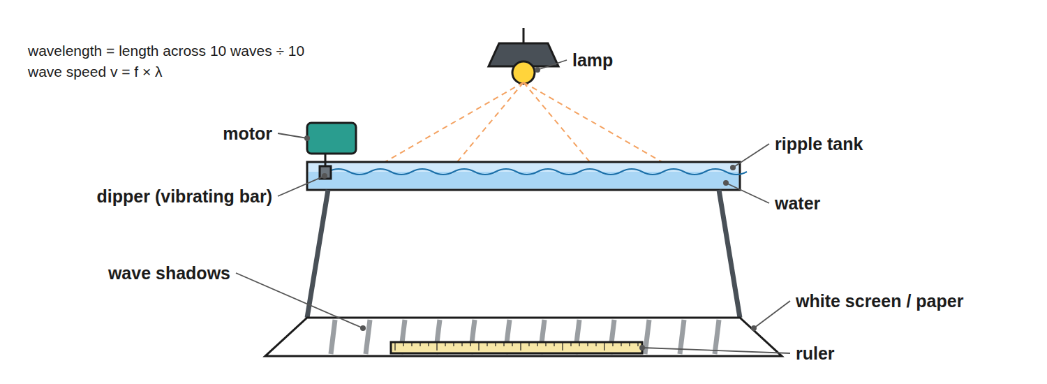 A ripple tank with a lamp above, a dipper making waves and a screen below showing the wave pattern.