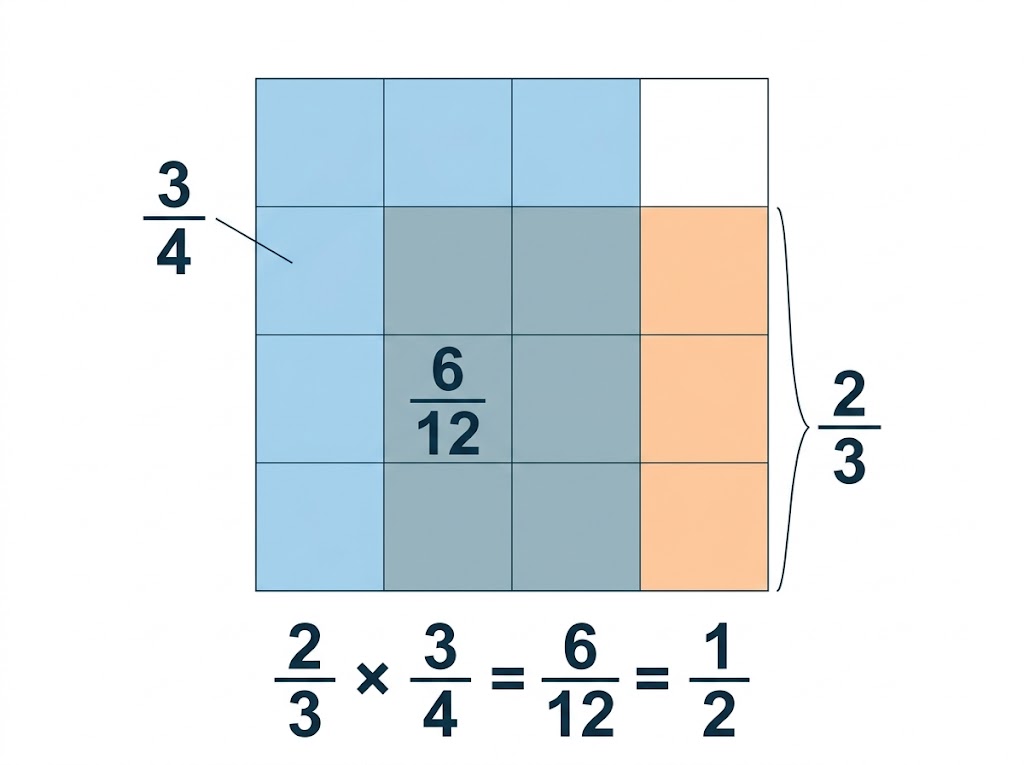 A square split into a 4 by 3 grid, with 6 of the 12 parts shaded to show two-thirds of three-quarters is a half.
