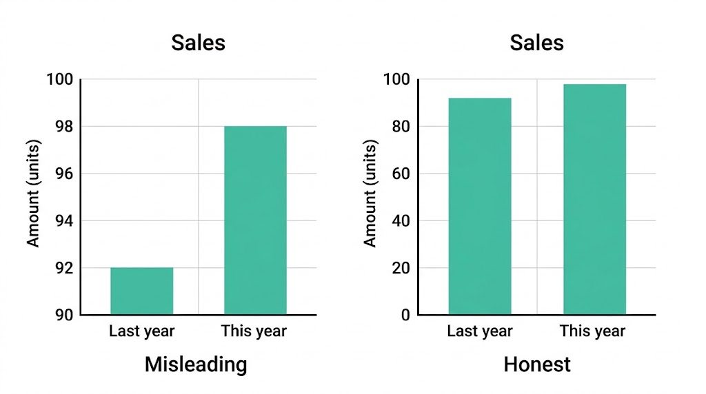 Two bar charts of sales of 92 and 98: one with an axis starting at 90 that exaggerates the rise, and one starting at 0 that does not.