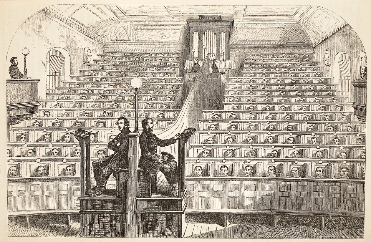 A Victorian engraving of rows of prisoners in separate wooden boxes in a chapel, each able to see only the preacher.