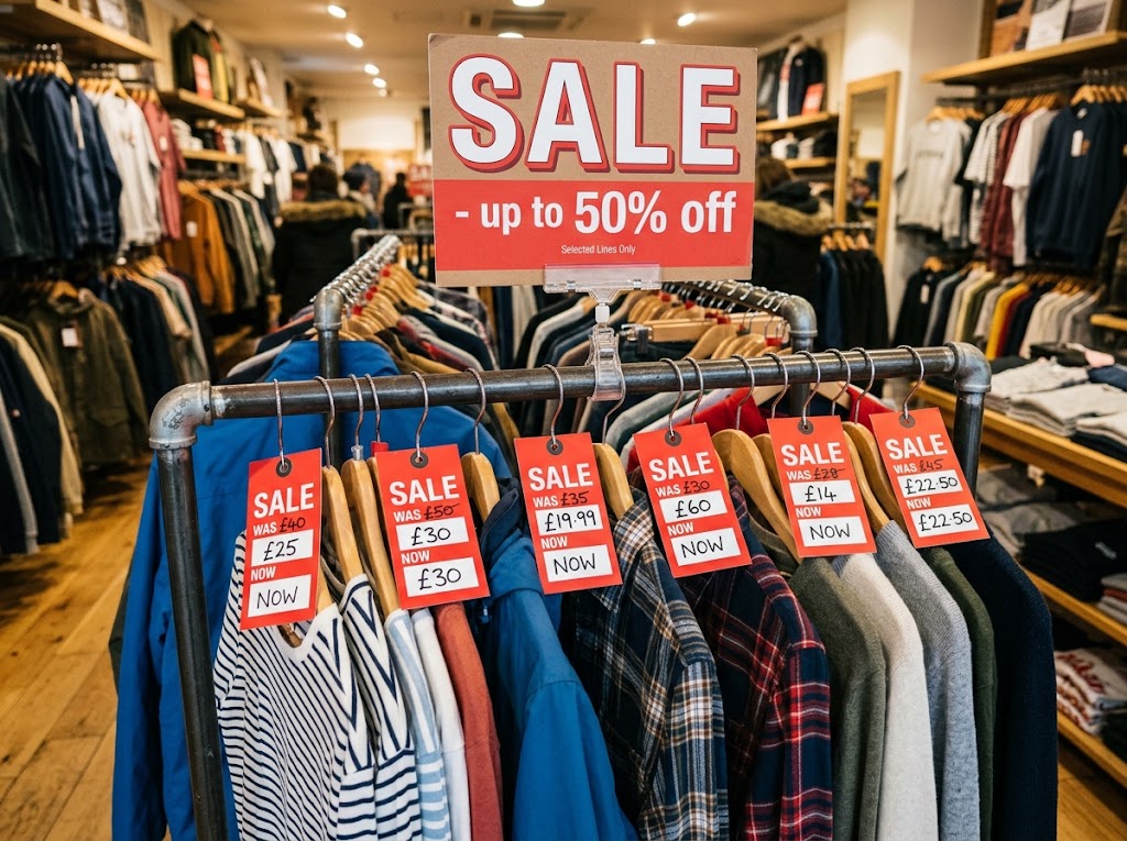 A clothing rail with red sale tags showing reduced prices.