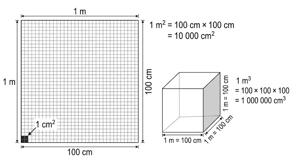 A 1 metre square split into a 100 by 100 grid of square centimetres, and a 1 metre cube, showing 10 000 square centimetres and 1 000 000 cubic centimetres.